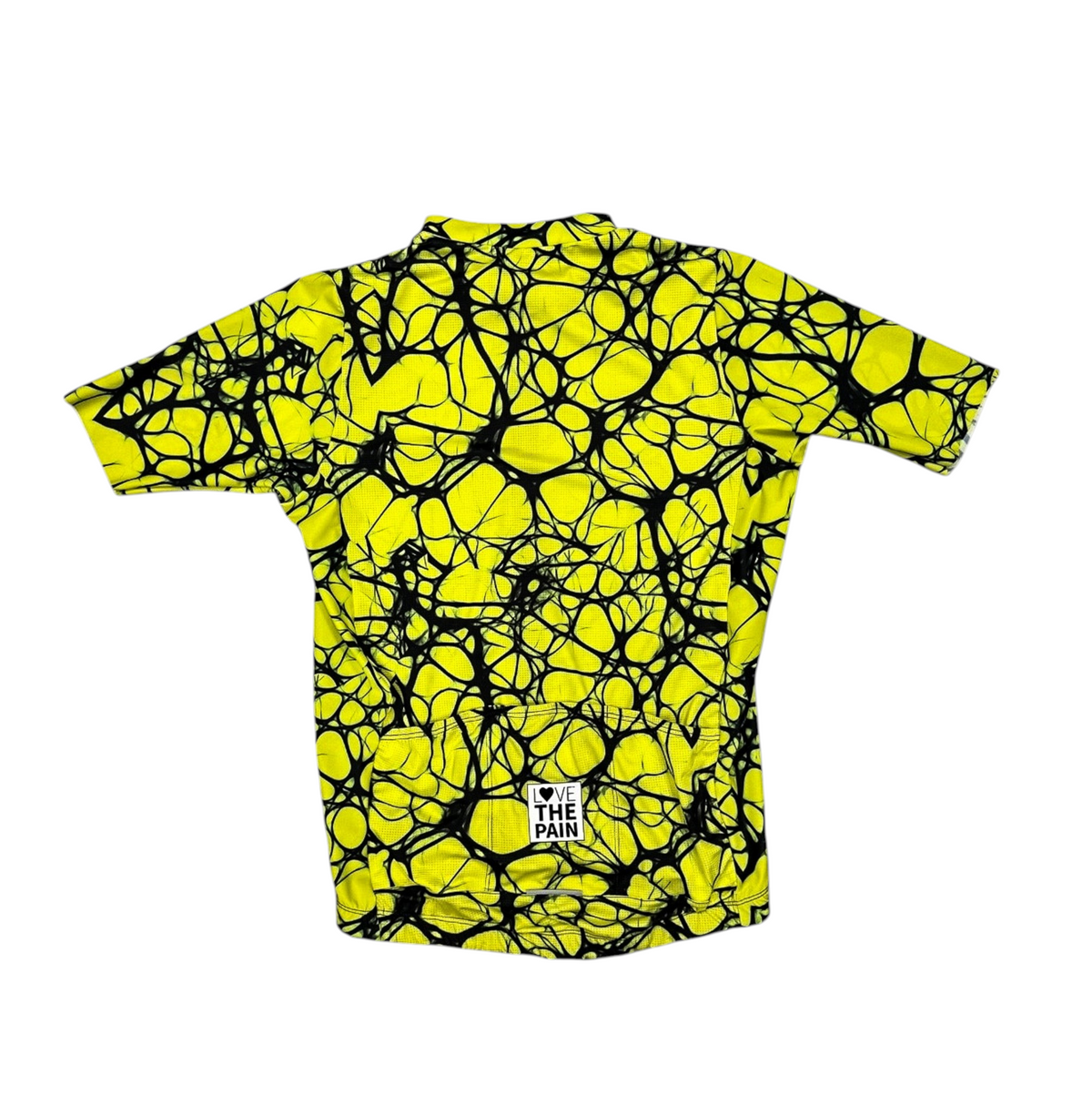 LTP Drift Aero Jersey in neon yellow with a black neurostatic web pattern, featuring rear pockets and branding.