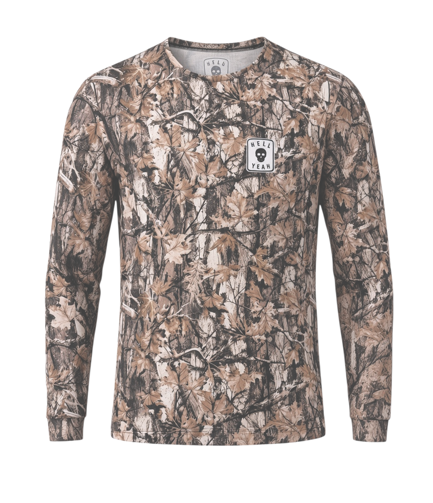 LTP THRM.01 thermal long sleeve running shirt in forest camo print with moisture-wicking fabric and chest logo patch