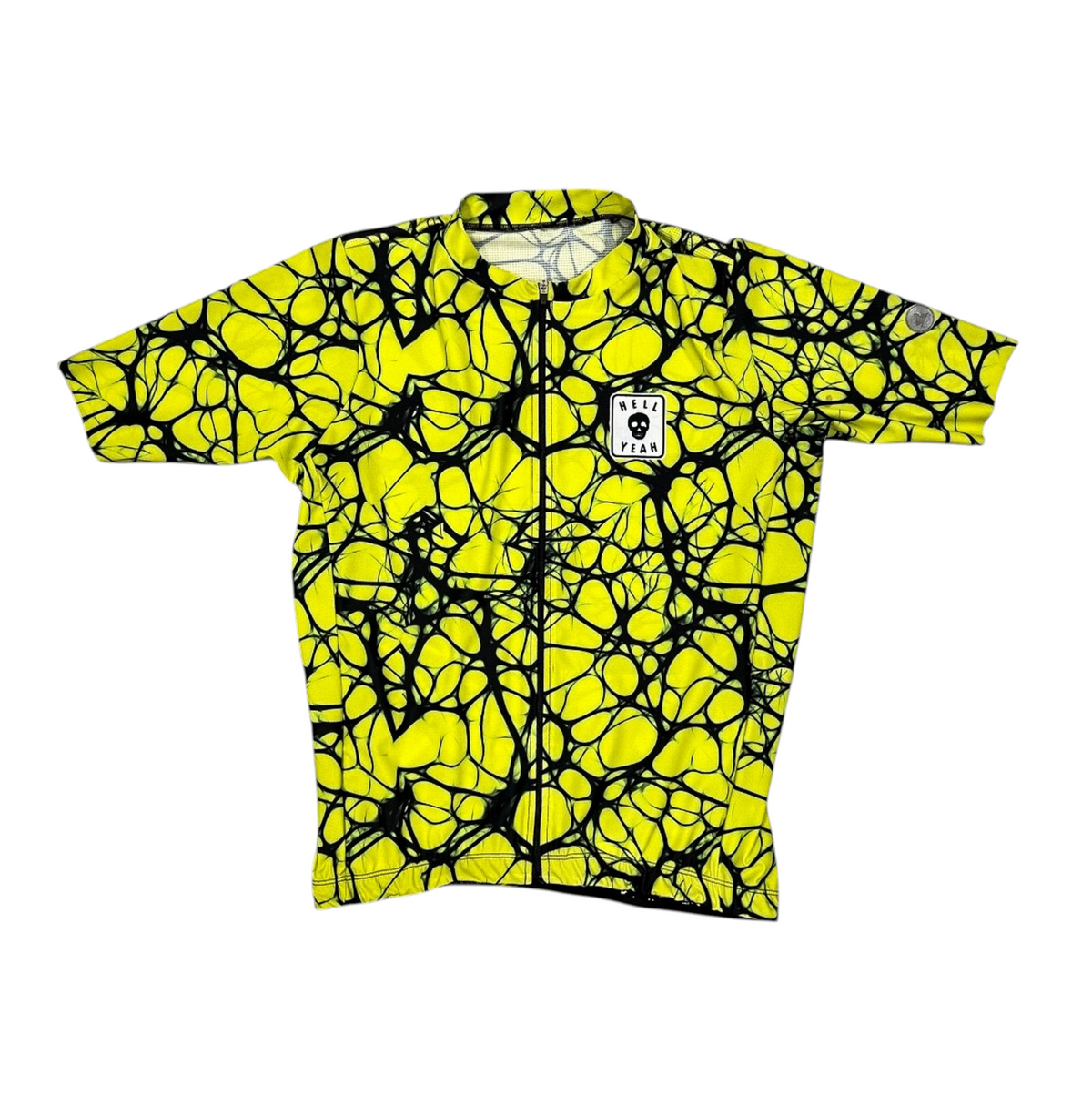 LTP Drift Aero Jersey in neon yellow and black neurostatic print with a front zipper and Hell Yeah skull logo patch.